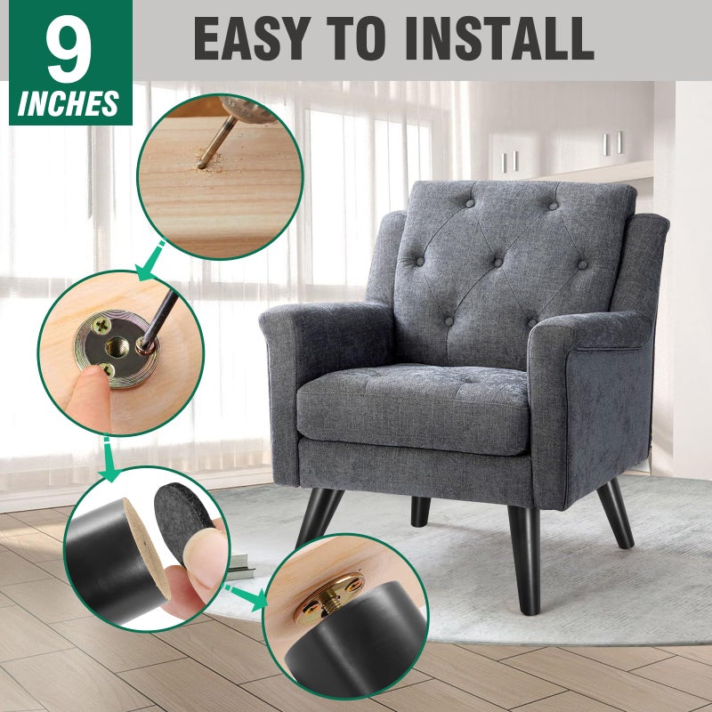 FoDau770 Black Rubber Wood Furniture Legs 9 Inches, Slant Tapered Wood Legs Mid Century Sofa Legs Set of 4, 5/16"" UNC Furniture Feet Replacement Legs for Cabinet Sofa Couch Dresser Chair Ottoman Table - Image 4